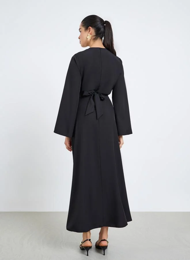 Styli  Women Black A-Line Wrap Midi Dress for Women | Best Price UAE